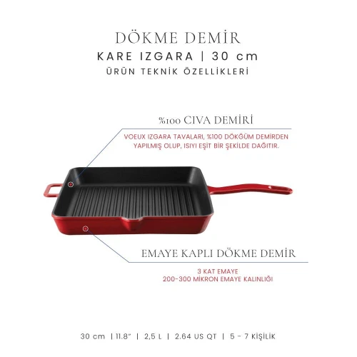 Voeux Kitchenware L'amour Kırmızı Döküm Kare Izgara Tava 30 Cm