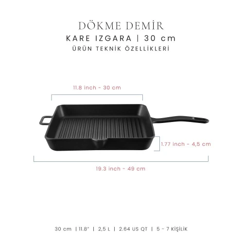 Voeux Kitchenware Elegance Siyah Döküm Kare Izgara Tava 30 Cm