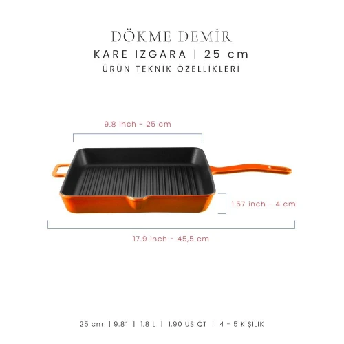 Voeux Kitchenware Amusant Turuncu Döküm Kare Izgara Tava 25 Cm