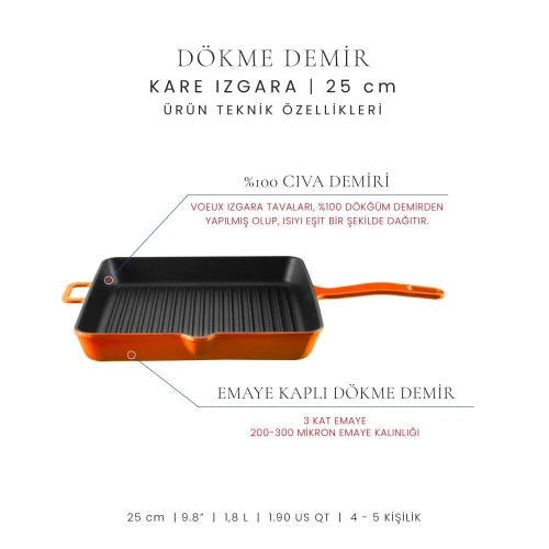 Voeux Kitchenware Amusant Turuncu Döküm Kare Izgara Tava 25 Cm