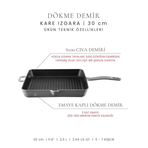 Voeux Kitchenware Gracieuse Gri Döküm Kare Izgara Tava 30 Cm
