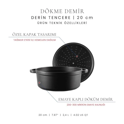 Voeux Kitchenware Elegance Siyah Derin Döküm Tencere 20 Cm
