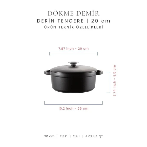 Voeux Kitchenware Elegance Siyah Derin Döküm Tencere 20 Cm