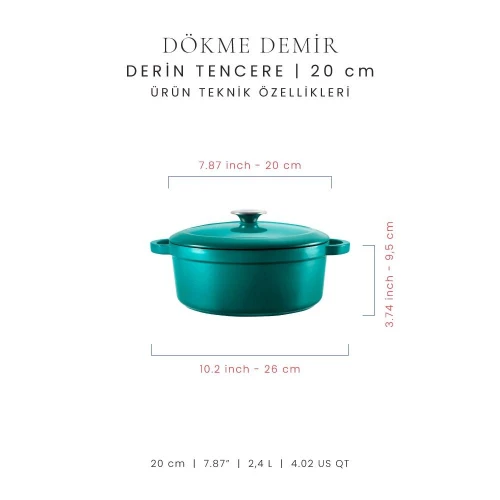 Voeux Kitchenware Profond Turkuaz Derin Döküm Tencere 20 Cm