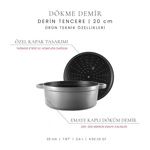 Voeux Kitchenware Gracieuse Gri Derin Döküm Tencere 20 Cm