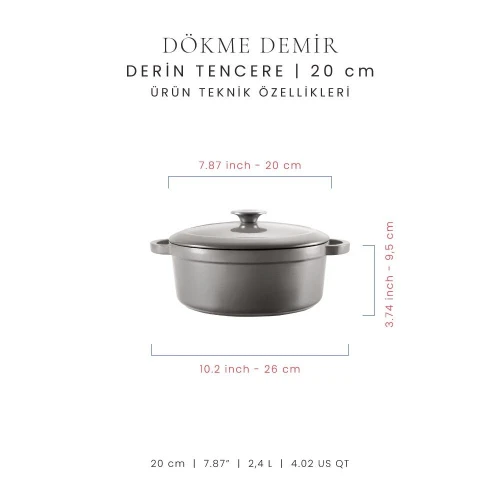 Voeux Kitchenware Gracieuse Gri Derin Döküm Tencere 20 Cm