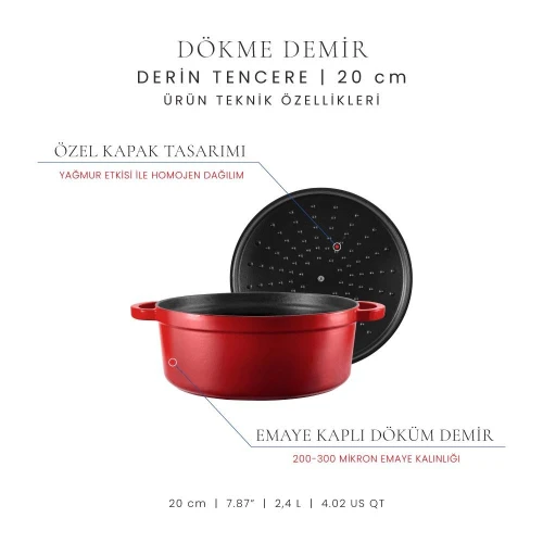 Voeux Kitchenware L'amour Kırmızı Derin Döküm Tencere 20 Cm