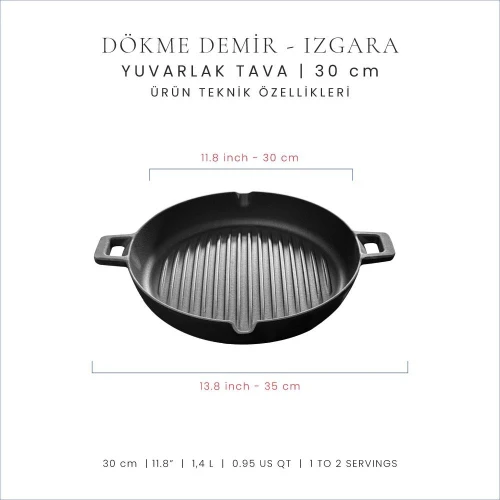 Voeux Kitchenware Elegance Siyah Döküm Yuvarlak Izgara Tava 30 Cm