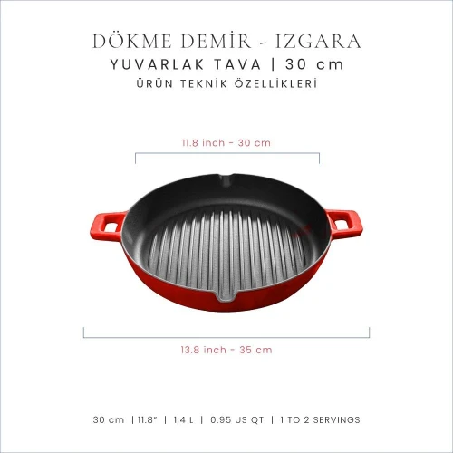Voeux Kitchenware L'amour Kırmızı Döküm Yuvarlak Izgara Tava 30 Cm