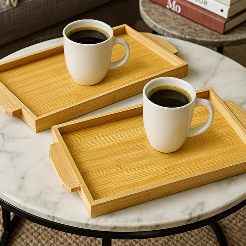 Vienev 2'li Kulplu Ahşap Bambu Tepsi