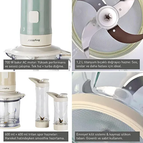 Berghoff Gem Retro 700 W Kişisel Blender & Doğrayıcı – 1,2 L Titanyum Bıçaklı Hazne, Bakır AC Motor | Vanilya Krem
