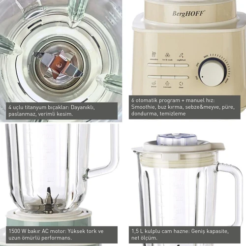 Berghoff Gem Retro 1500 W Masaüstü Blender – 1,5 L Cam Hazne, Titanyum Bıçak, Bakır AC Motor | Krem