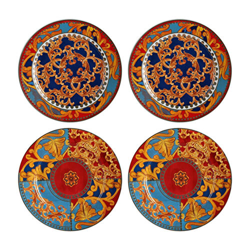 Lucky Art Clarissa Bone China Porselen Mavi Kırmızı Barok Desenli 4 Lü Yemek Tabağı Seti 27 Cm