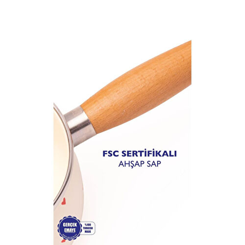 Emaylab Cupid Ahşap Saplı Kalp Desenli Emaye Sos Tavası 16cm 1,3 Litre (i̇ndüksi̇yon Dahi̇l Tüm Ocaklara Uygun)