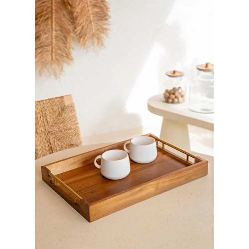 The Mia Natura Akasya Metal Kulplu Tepsi Gold 45x30x5 Cm