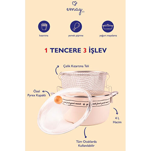 Emaylab Mood Emaye Kızartma Tenceresi/ Fritöz (özel Pyrex Kapaklı)