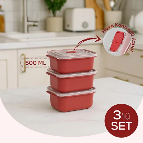 Vienev Kapaklı 3’lü Mikrodalgaya Uygun Dikdörtgen Saklama Kabı Seti - 500 Ml