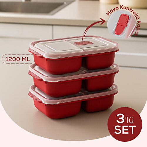 Vienev Kapaklı 3’lü Mikrodalgaya Uygun Bölmeli Dikdörtgen Saklama Kabı Seti - 1200 Ml