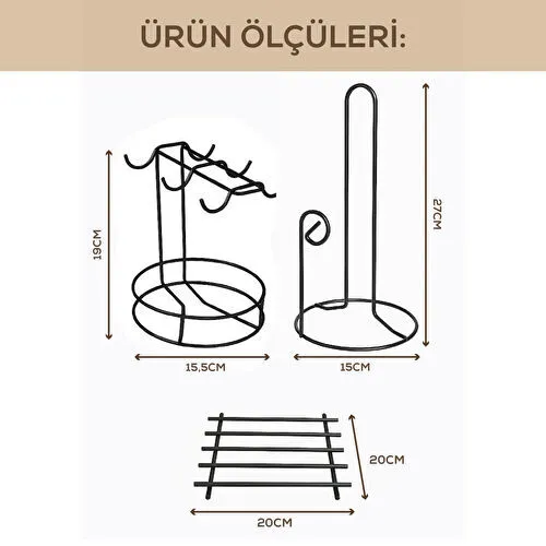 Vienev Yakut Metal Tezgah Üstü Mutfak Seti | Tabaklı Fincanlık & Kağıt Havluluk & Nihale