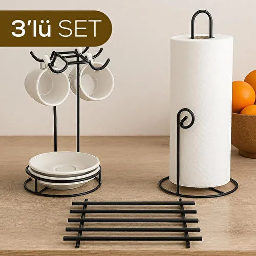 Vienev Yakut Metal Tezgah Üstü Mutfak Seti | Tabaklı Fincanlık & Kağıt Havluluk & Nihale