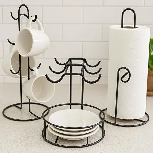 Vienev Elmas Metal Tezgah Üstü Mutfak Seti | Fincanlık & Kağıt Havluluk & Tabaklı Fincanlık