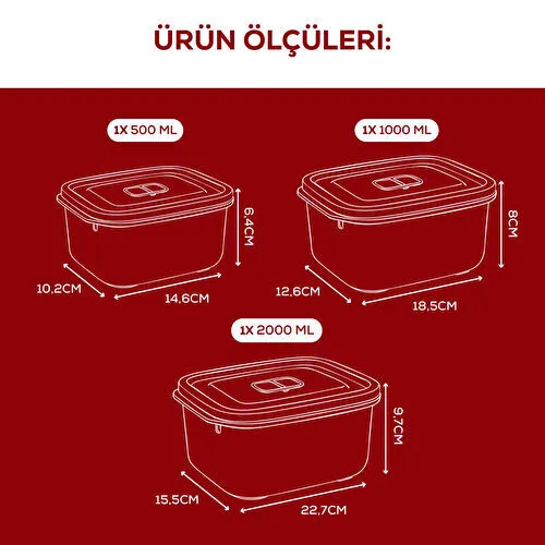 Vienev Kapaklı 3’lü Mikrodalgaya Uygun Dikdörtgen Saklama Kabı Seti - 500/1000/2000 Ml Vienev Kapaklı 3’lü Mikrodalgaya Uygun Dikdörtgen Saklama Kabı Seti - 500/1000/2000 Ml