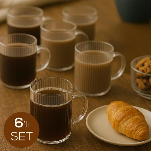 Vienev 6'lı Çizgili Desenli Kulplu Cam Bardak - 200 Ml Cam Çay Bardağı
