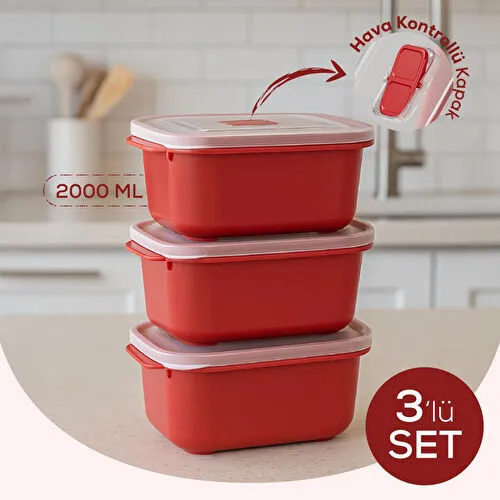 Vienev Kapaklı 3’lü Mikrodalgaya Uygun Dikdörtgen Saklama Kabı Seti - 2000 Ml