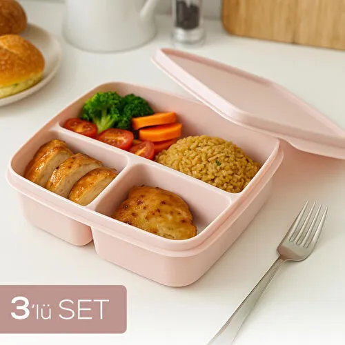 Vienev 3'lü Set Bölmeli Kare Saklama Kabı Pembe
