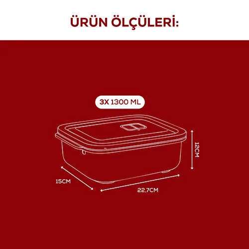 Vienev Kapaklı 3’lü Mikrodalgaya Uygun Dikdörtgen Saklama Kabı Seti - 1300 Ml