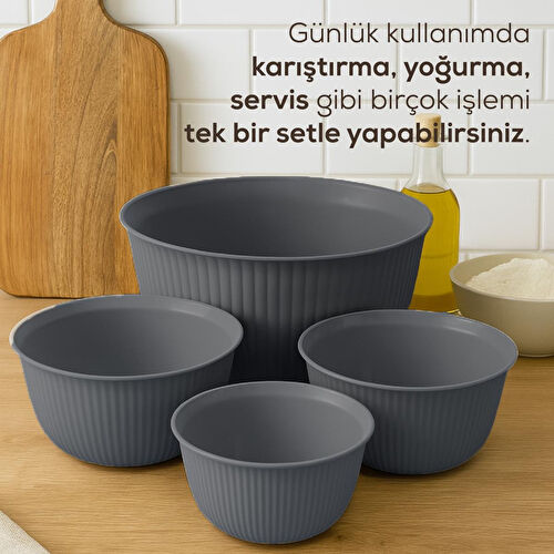 Vienev 4'lü Mega Boy Plastik Karıştırma Ve Saklama Kase Seti | 1l, 2l, 3l, 5l Antrasit