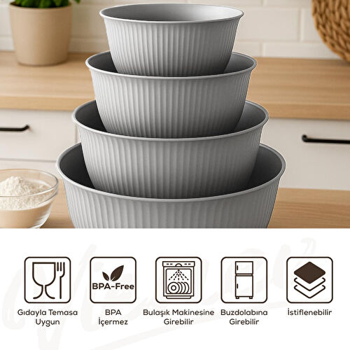 Vienev 4'lü Mega Boy Plastik Karıştırma Ve Saklama Kase Seti | 1l, 2l, 3l, 5l Gri