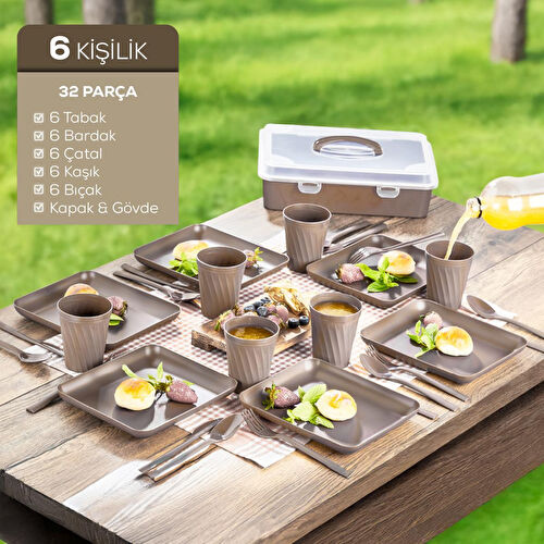 Vienev 32 Parça 6 Kişilik Taşınabilir Piknik Seti - Saklama Kutulu Bej