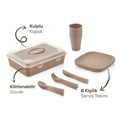 Vienev 32 Parça 6 Kişilik Taşınabilir Piknik Seti - Saklama Kutulu Bej