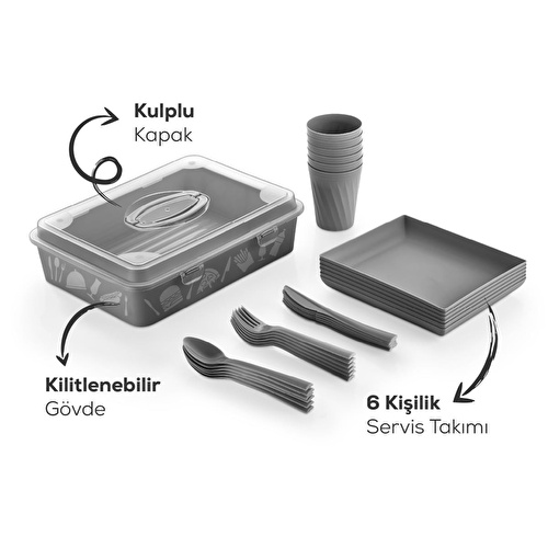 Vienev 32 Parça 6 Kişilik Taşınabilir Piknik Seti - Saklama Kutulu Antrasit