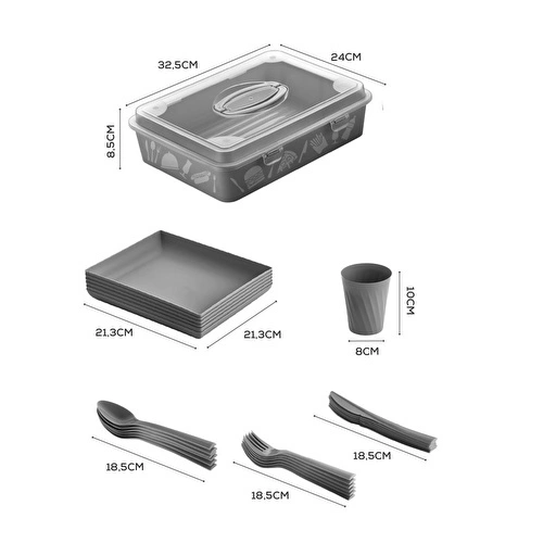 Vienev 32 Parça 6 Kişilik Taşınabilir Piknik Seti - Saklama Kutulu Antrasit