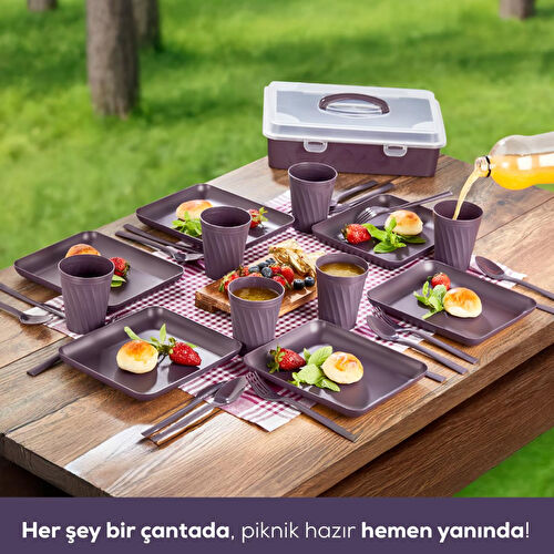 Vienev 32 Parça 6 Kişilik Taşınabilir Piknik Seti - Saklama Kutulu Mor
