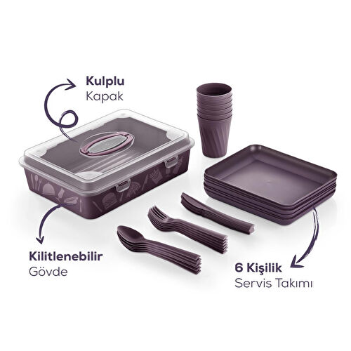 Vienev 32 Parça 6 Kişilik Taşınabilir Piknik Seti - Saklama Kutulu Mor
