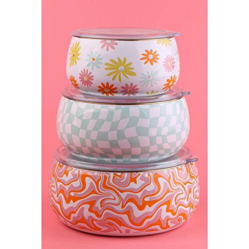 Emaylab Selge 3 Lü Emaye Tombul Saklama Kabı Takımı (tüm Ocak Tiplerinde Kullanilabili̇r) Retro Hippi