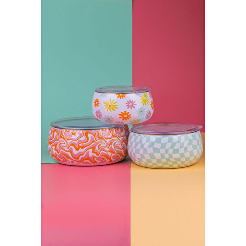 Emaylab Selge 3 Lü Emaye Tombul Saklama Kabı Takımı (tüm Ocak Tiplerinde Kullanilabili̇r) Retro Hippi