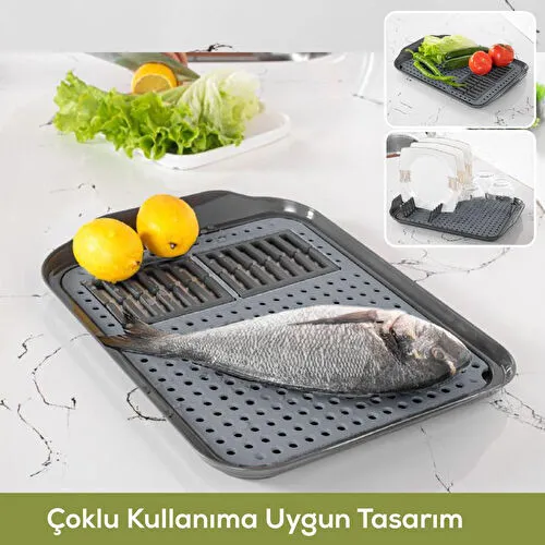 Vienev Çok Amaçlı Su Süzgeçli Kurutma Tepsisi | Sebze, Balık Ve Bulaşık İçin Pratik Kullanım Antrasit