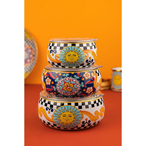 Emaylab Misharu3 Lü Emaye Tombul Saklama Kabı Takımı (tüm Ocak Tiplerinde Kullanilabilir)