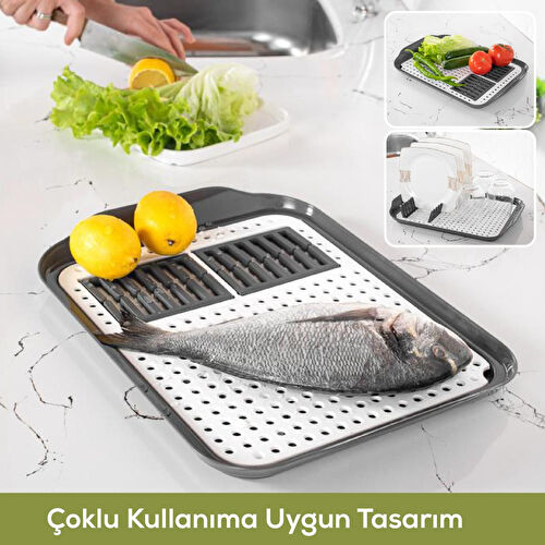 Vienev Çok Amaçlı Su Süzgeçli Kurutma Tepsisi | Sebze, Balık Ve Bulaşık İçin Pratik Kullanım Gri