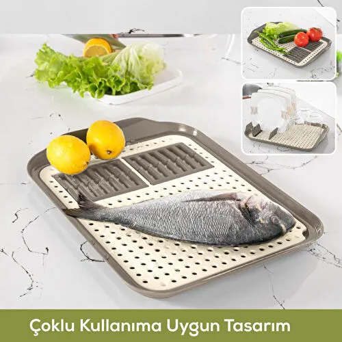 Vienev Çok Amaçlı Su Süzgeçli Kurutma Tepsisi | Sebze, Balık Ve Bulaşık İçin Pratik Kullanım Bej