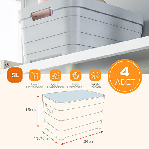 Vienev 4'lü Kapaklı 5 Litre Saklama Kutusu Antrasit