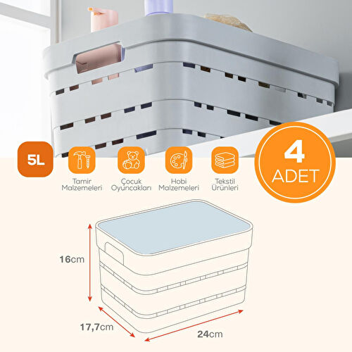 Vienev 4'lü Kapaklı 5 Litre Delikli Saklama Kutusu Antrasit