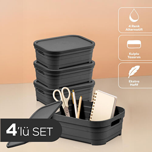 Vienev 4'lü Kapaklı 2,8 Litre Saklama Kutusu Antrasit