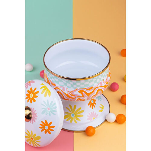 Emaylab Retro Hippi Dekoratif Emaye Kapaklı Şekerlik, Çikolata Sunumu, Çerezlik