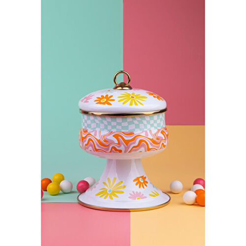 Emaylab Retro Hippi Dekoratif Emaye Kapaklı Şekerlik, Çikolata Sunumu, Çerezlik