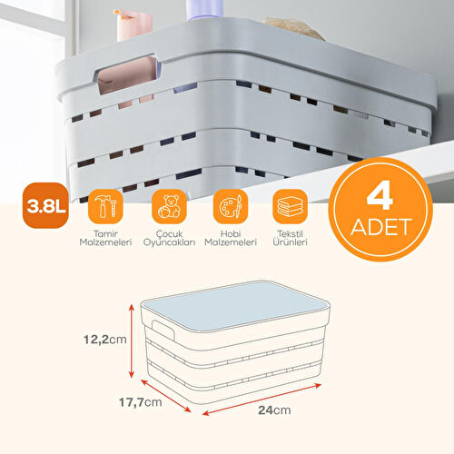 Vienev 4'lü Kapaklı 3,8 Litre Delikli Saklama Kutusu Antrasit